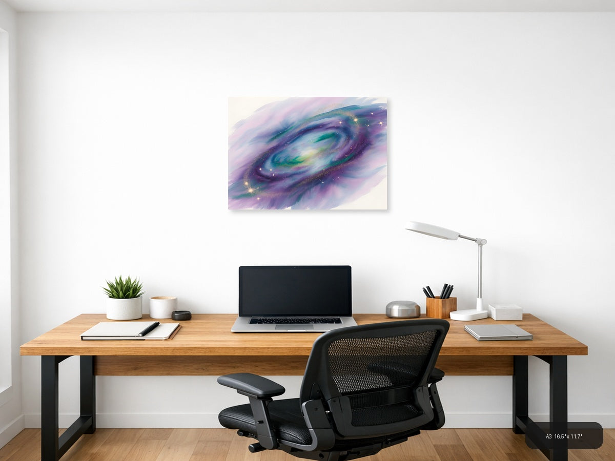 Cosmic Galaxy Watercolor Swirl Purple Green Wall Art — A3 / Office
