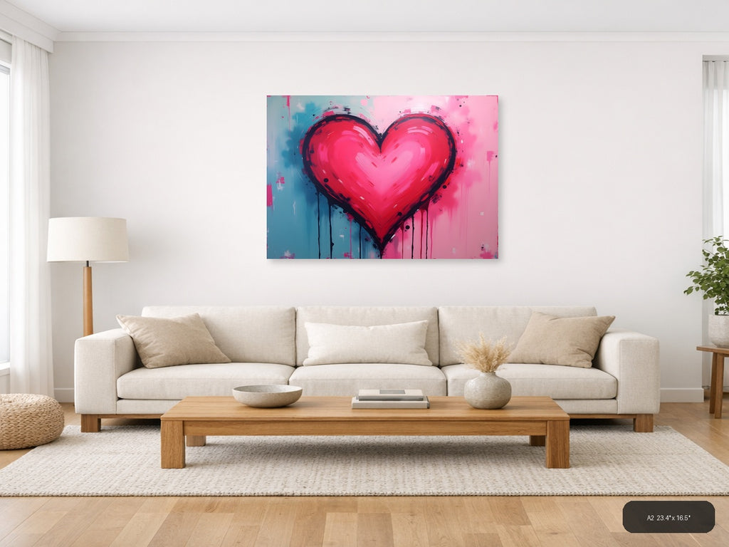 Bold Pink Heart Abstract Drip Modern Wall Art — A2 / Living Room