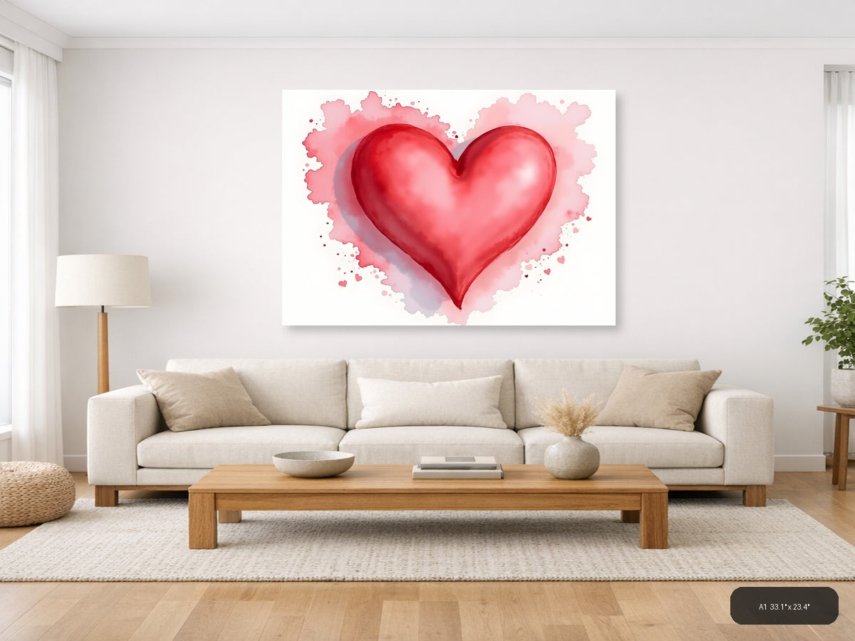 Red Heart Watercolor Splash Modern Wall Art — A1 / Living Room