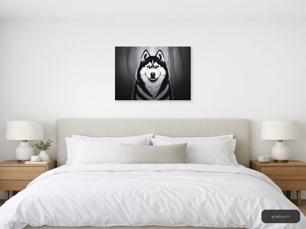 Striking Husky Portrait Black and White Photography Wall Art — A3 / Bedroom