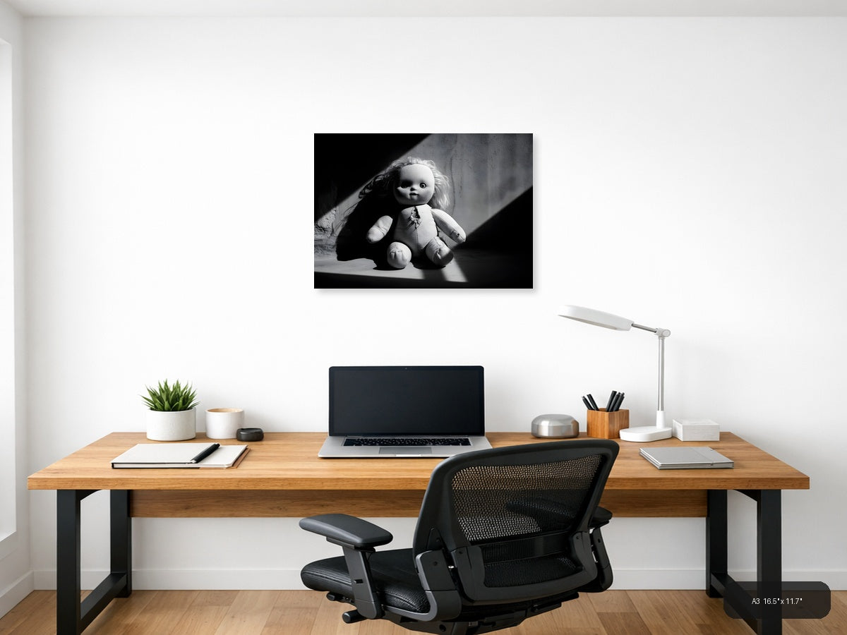 Haunting Doll Portrait Black and White Photography Wall Art — A3 / Office