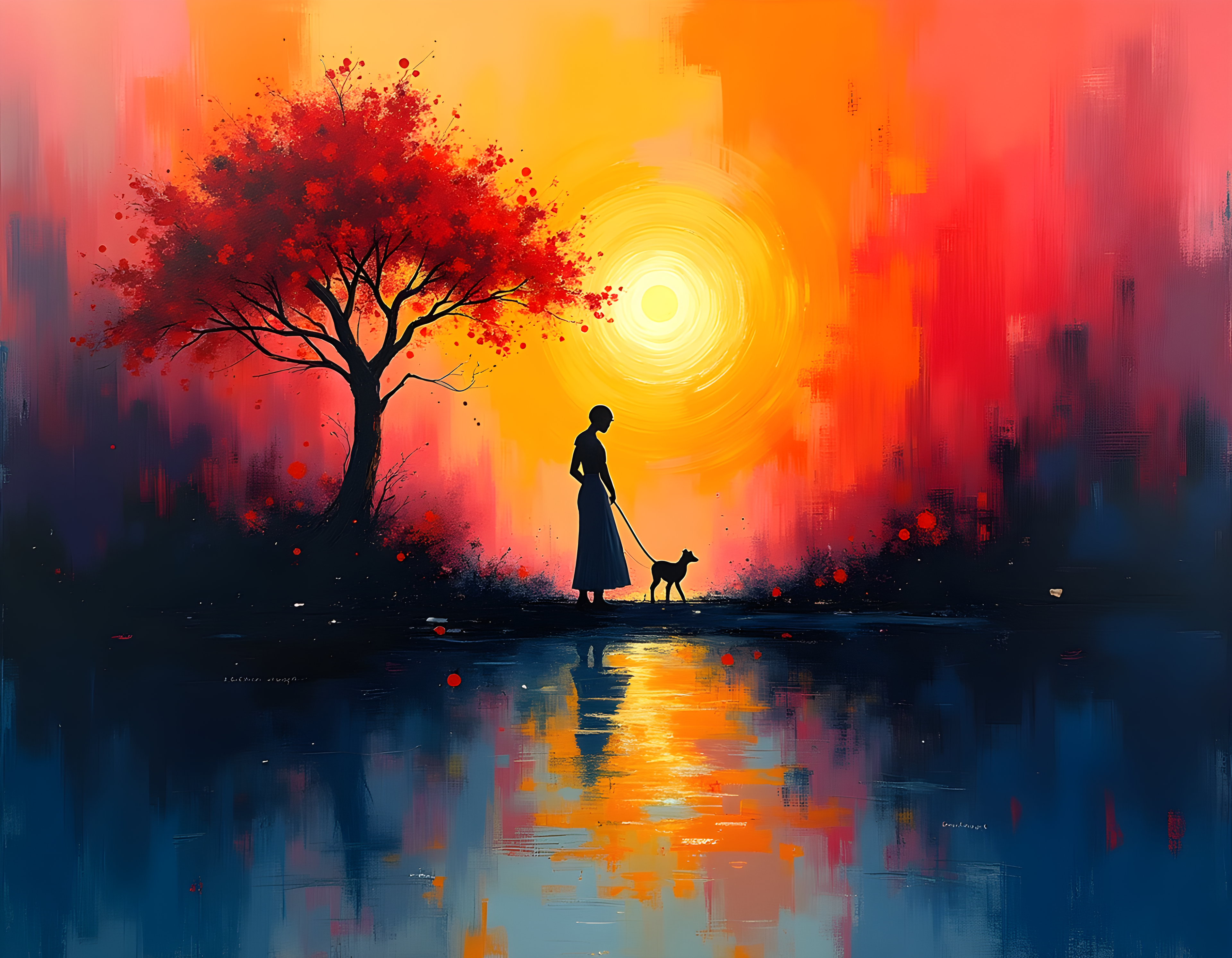 Sunset Woman with Dog & Red Tree Abstract Wall Art