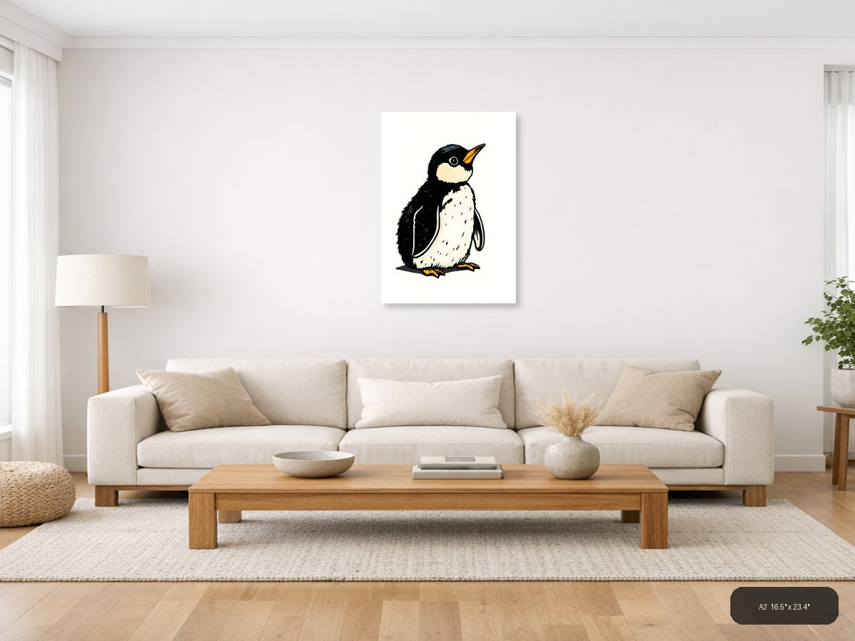 Vintage Penguin Illustration Black White Wall Art — A2 / Living Room