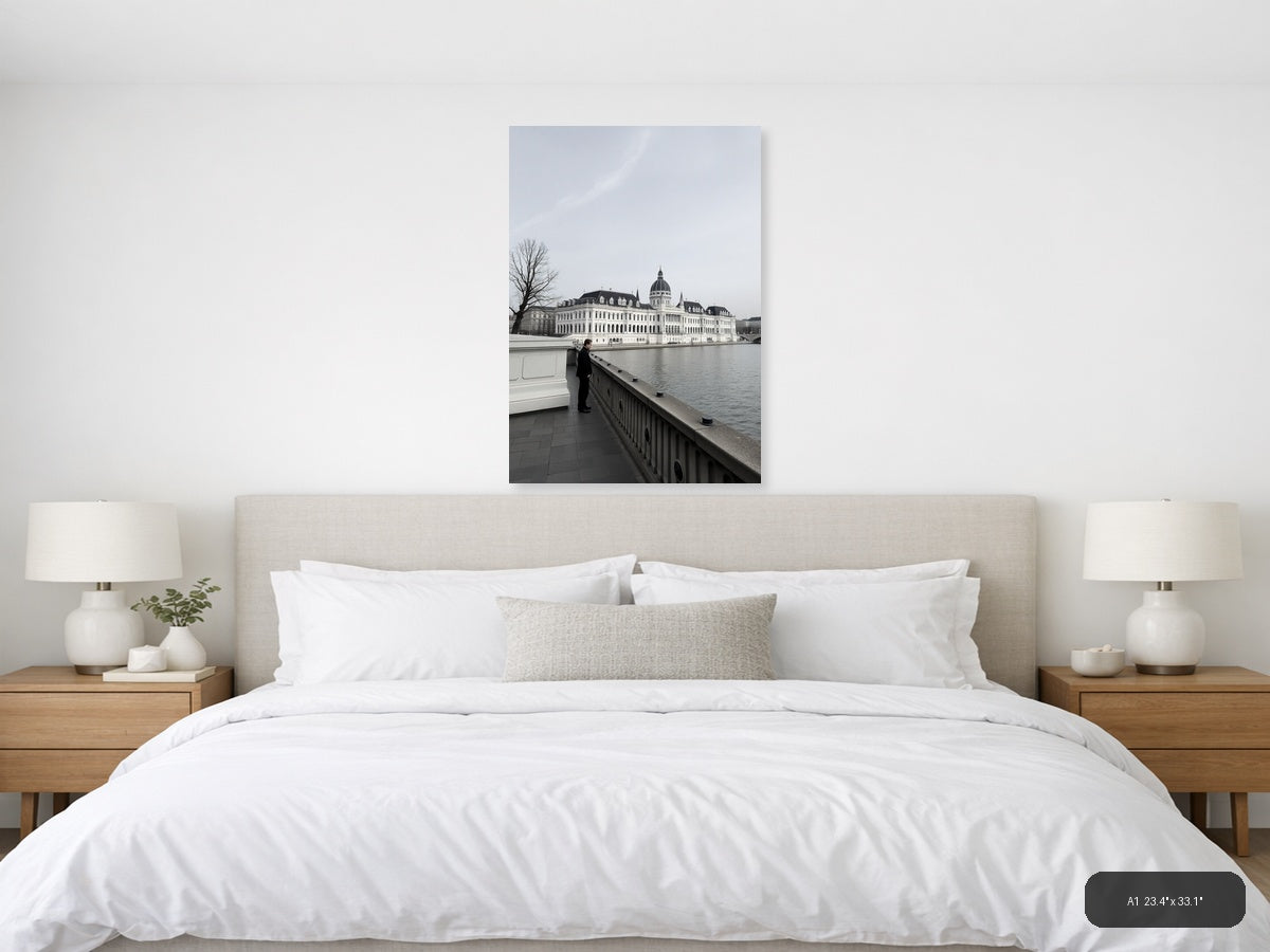 Man at Railing Overlooking Grand Palace | Minimalist Wall Art — A1 (Bedroom)