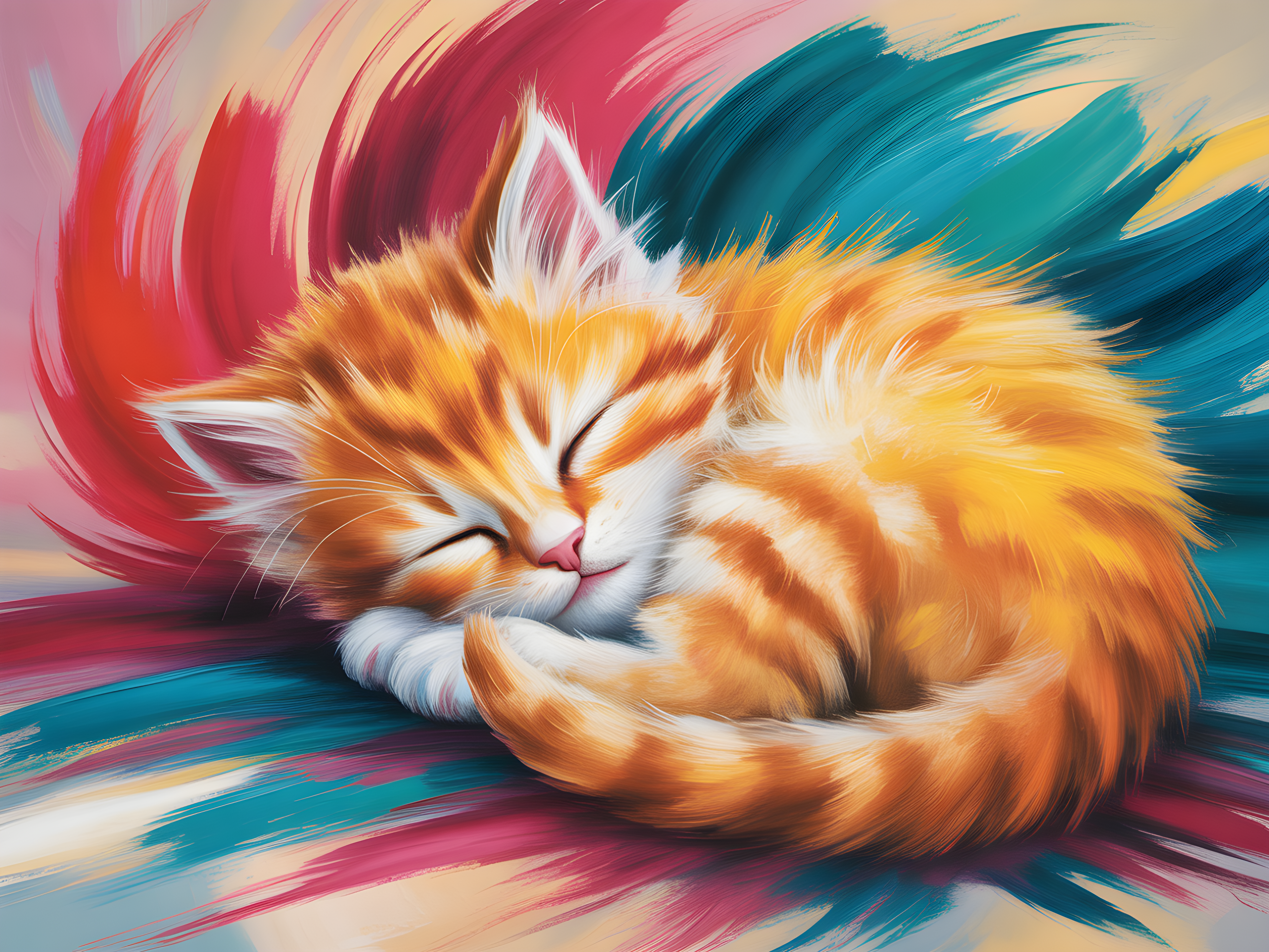 Sleeping Ginger Cat Abstract Brushstroke Wall Art