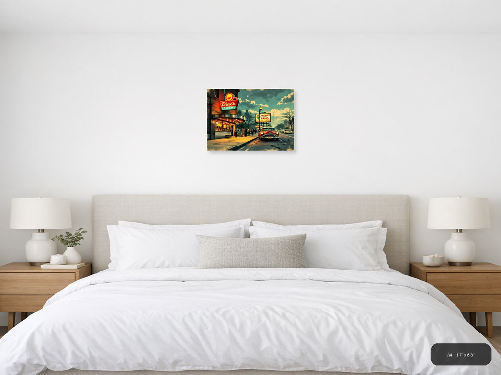 Vintage Diner Street Scene Retro Americana Wall Art — A4 / Bedroom