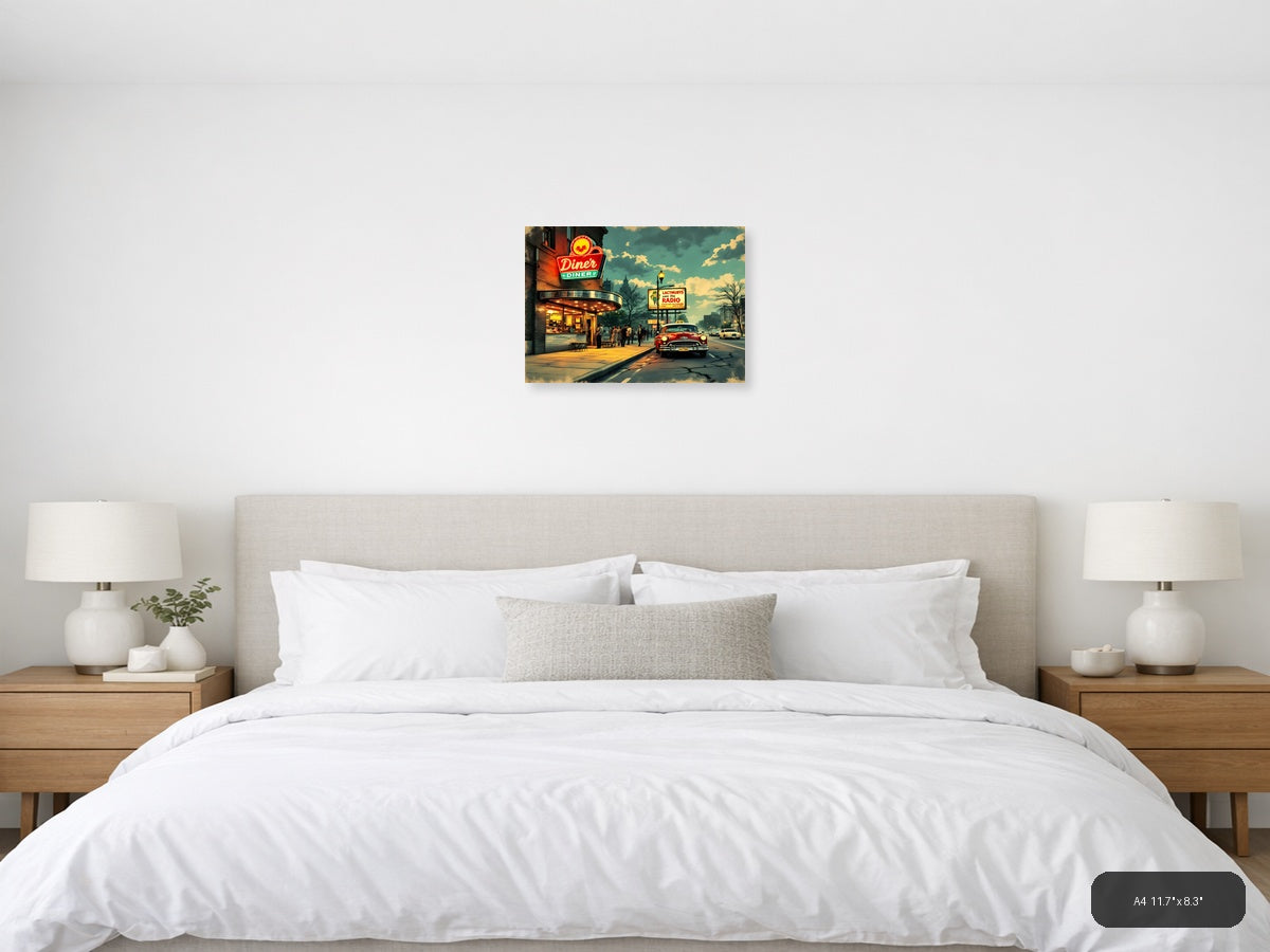 Vintage Diner Street Scene Retro Americana Wall Art — A4 / Bedroom