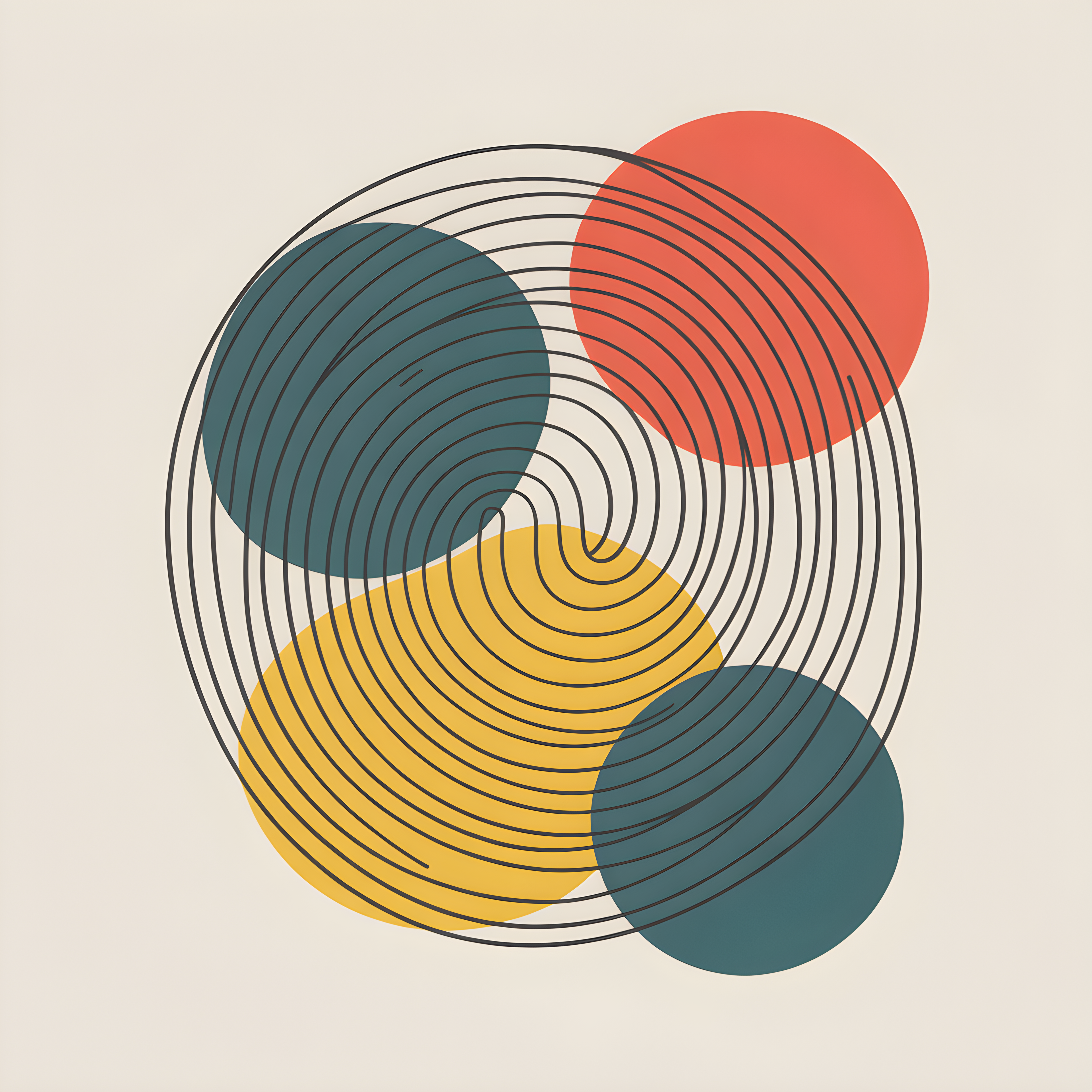 Modern Geometric Circle Line Art with Teal, Gold & Coral Wall Art
