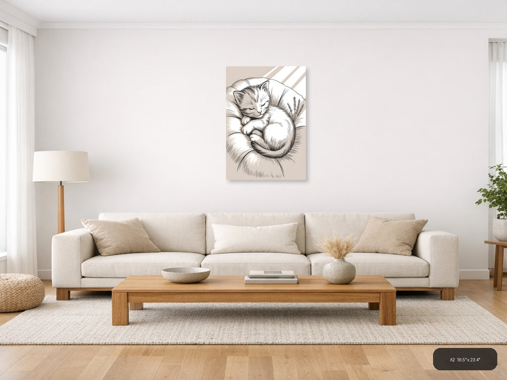 Sleeping Cat with Lavender Line Art Wall Art — A2 / Living Room