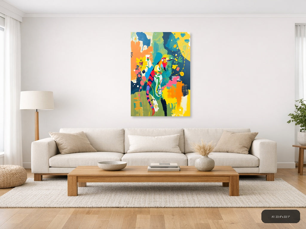 Vibrant Toucan & Floral Abstract Portrait Wall Art — A1 / Living Room
