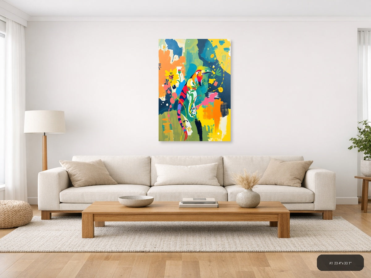 Vibrant Toucan & Floral Abstract Portrait Wall Art — A1 / Living Room