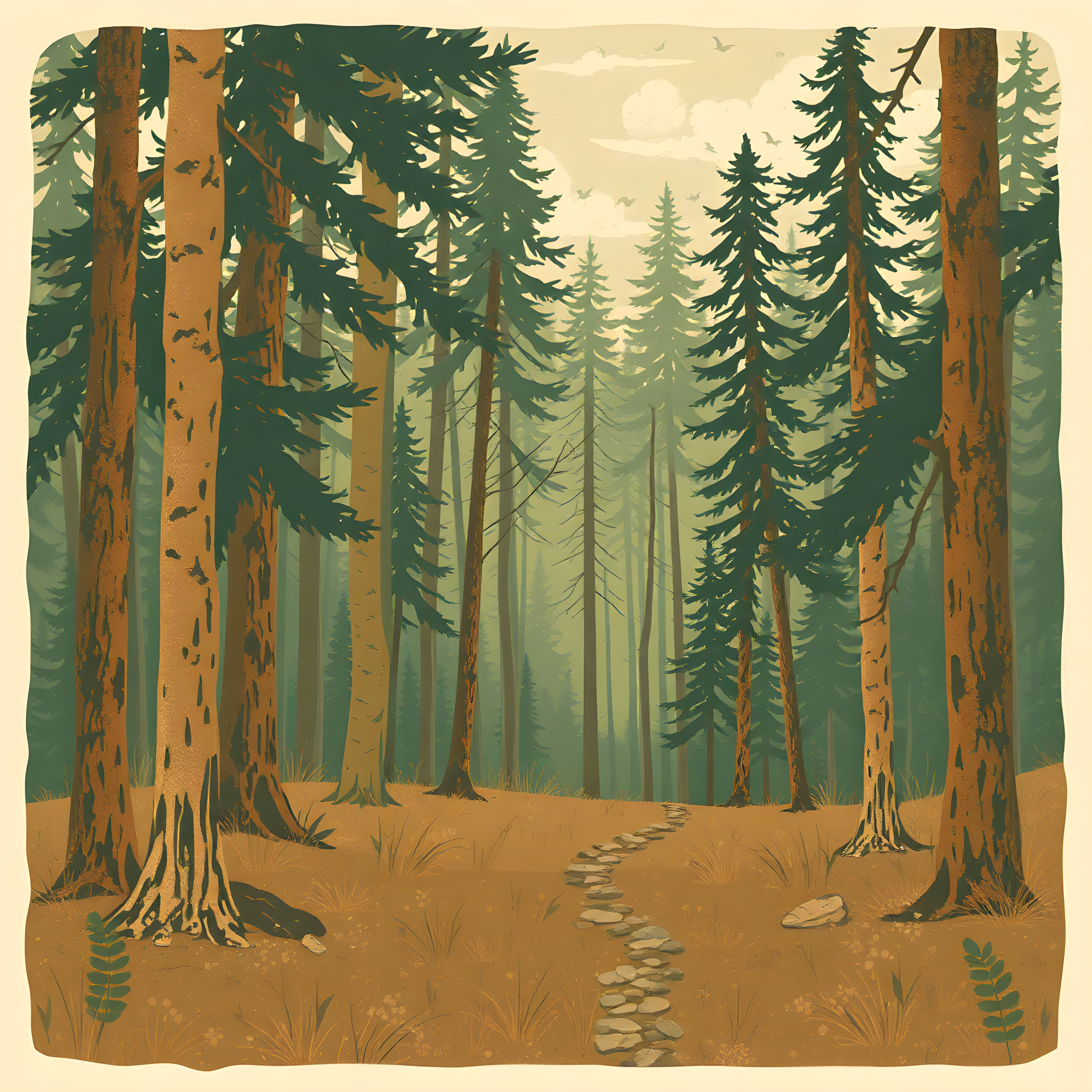 Vintage Forest Path Through Tall Pine Trees Wall Art