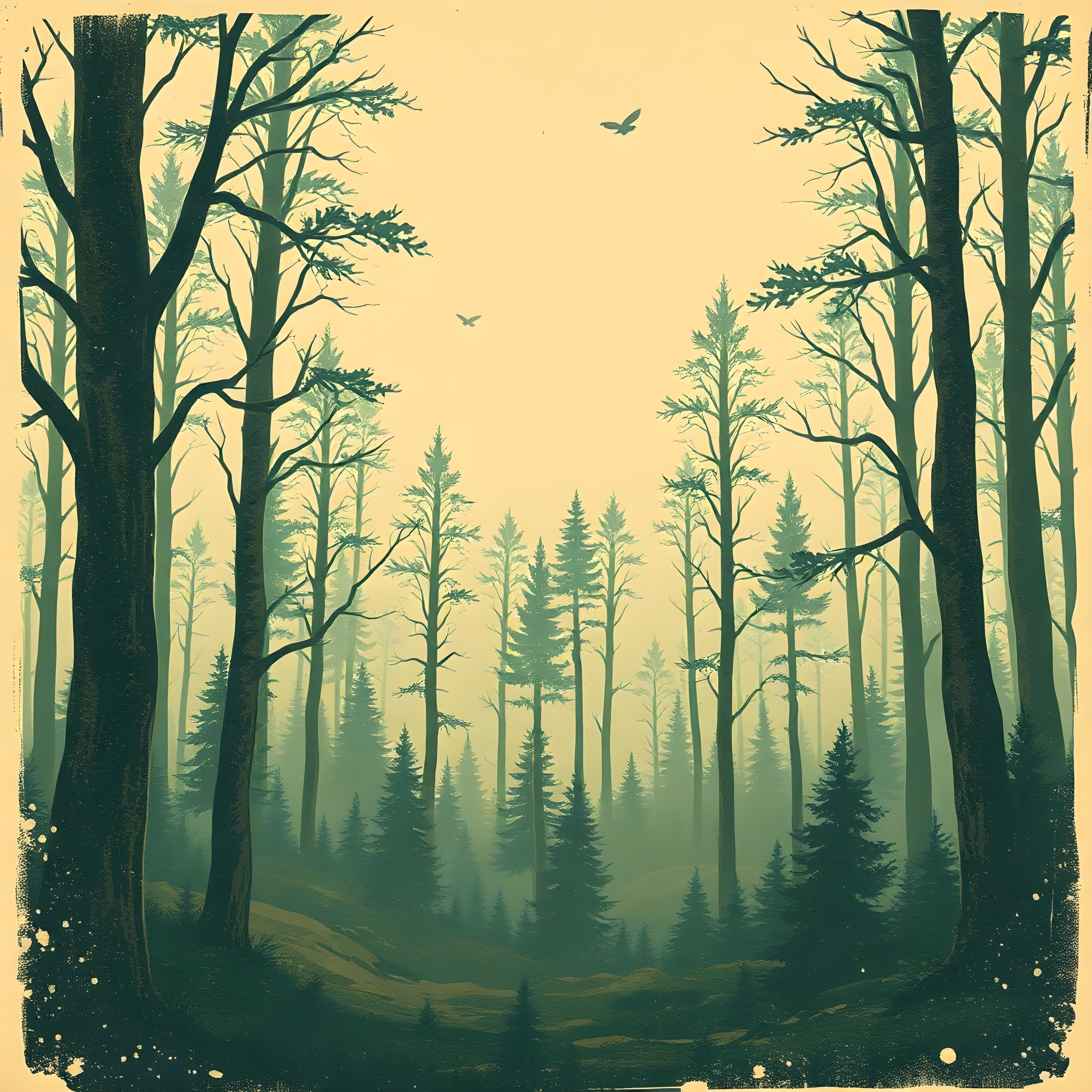 Vintage Forest Mist Landscape Wall Art