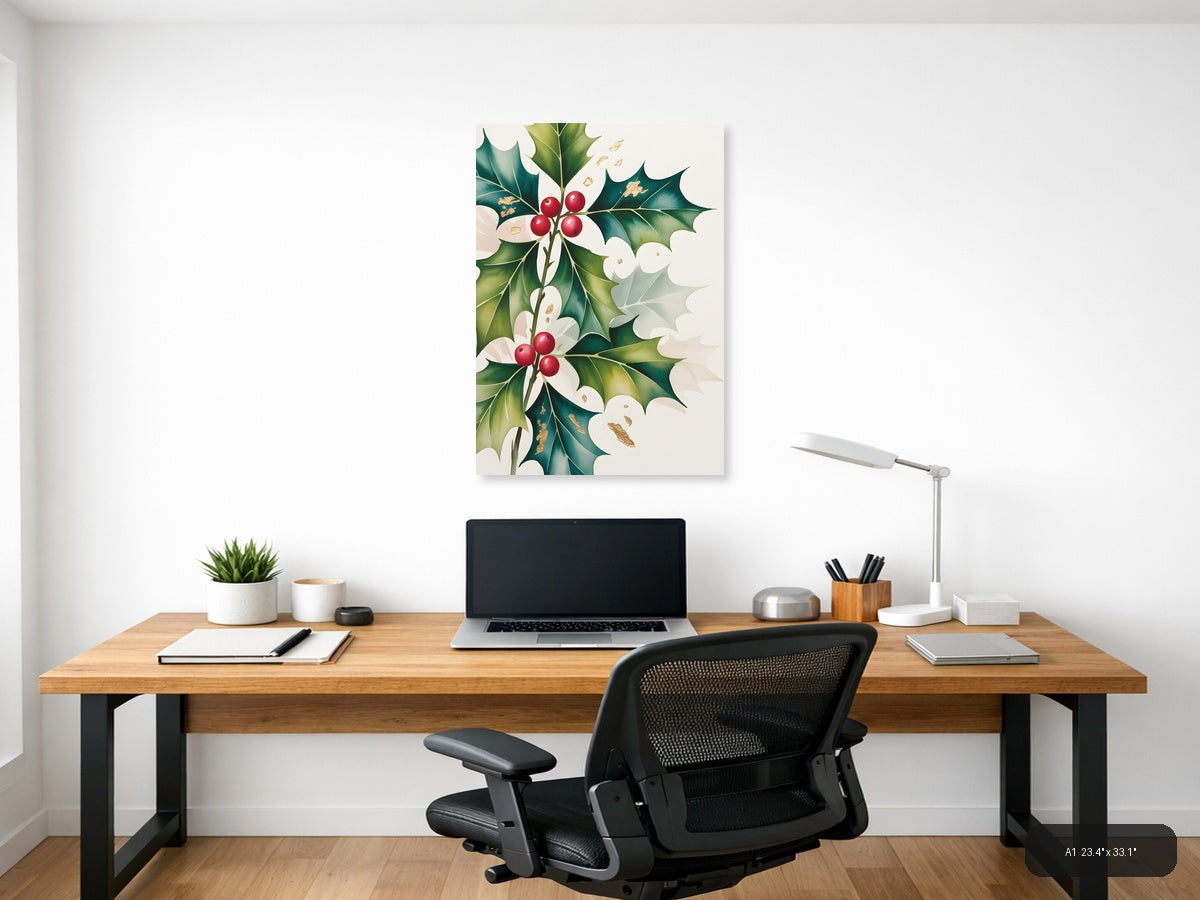 Holly Berries & Flowers Watercolor Portrait Wall Art — A1 / Office