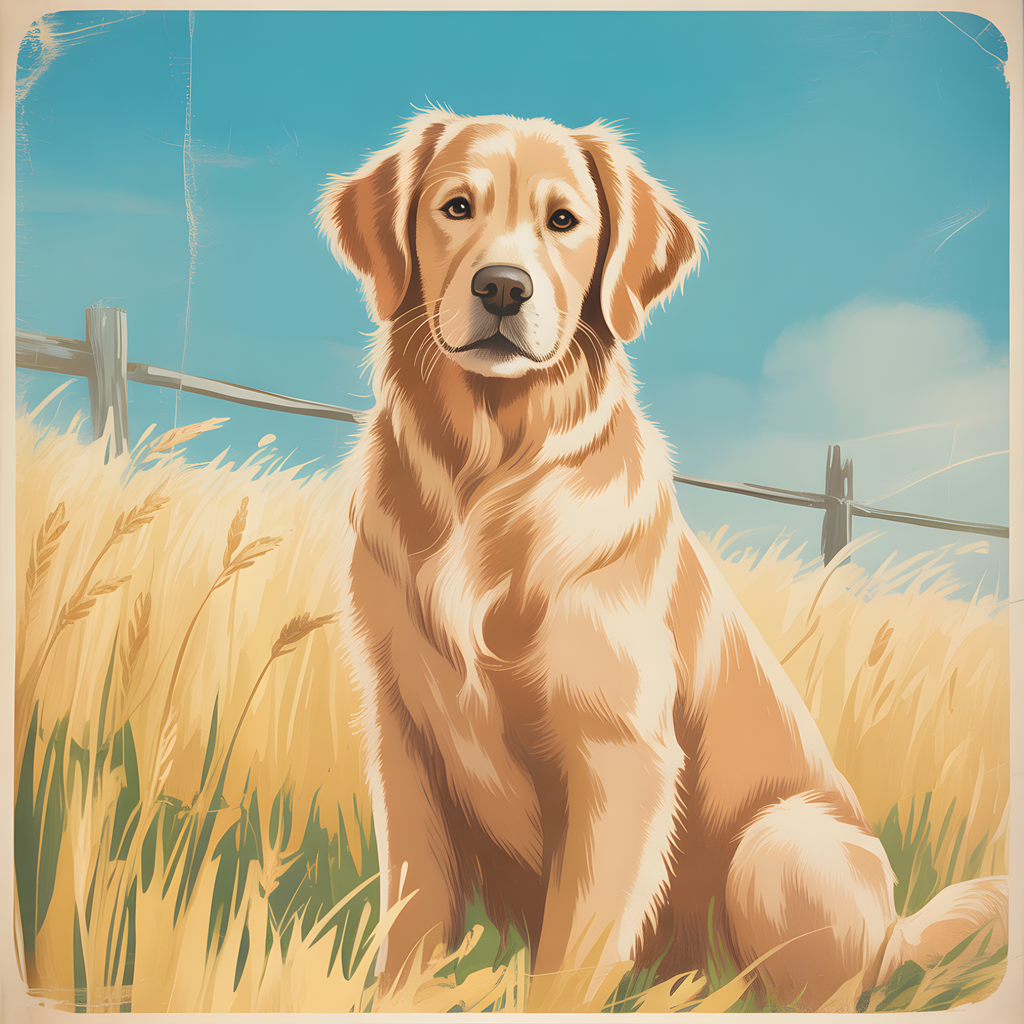 Golden Retriever in Wheat Field Vintage Wall Art