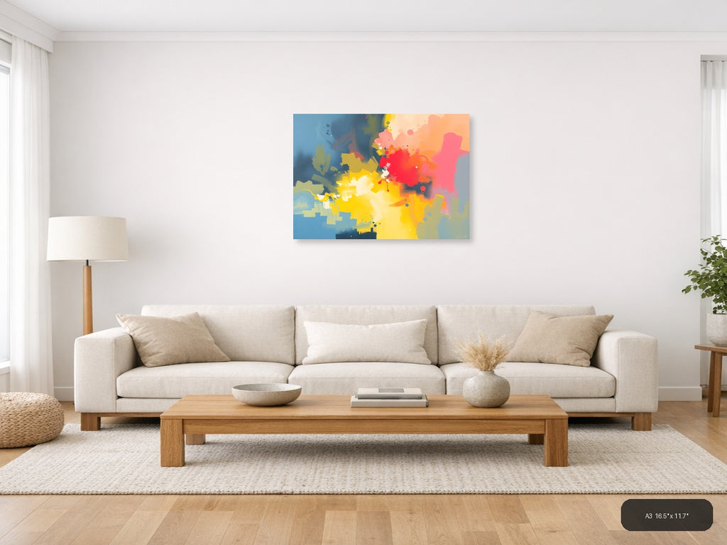 Vibrant Abstract Splatter Yellow Red Pink Blue Wall Art — A3 / Living Room
