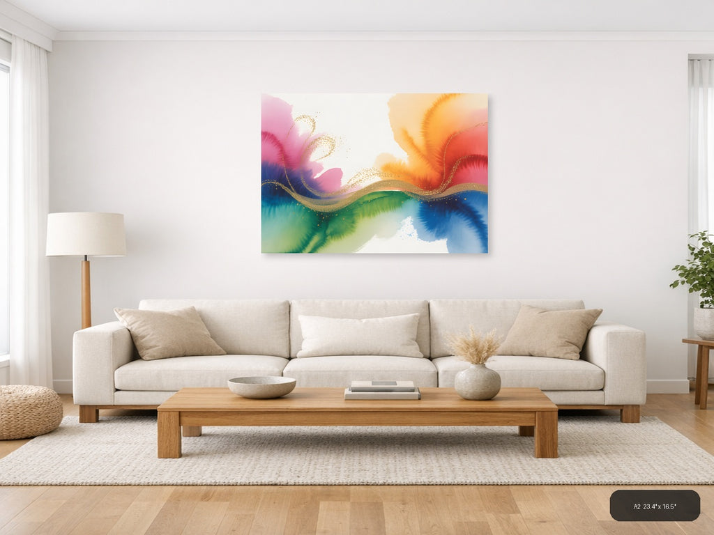 Colorful Watercolor Wave with Gold Accents Wall Art — A2 / Living Room