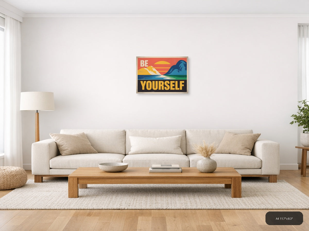 Be Yourself Vintage Retro Mountain Landscape Wall Art — A4 / Living Room