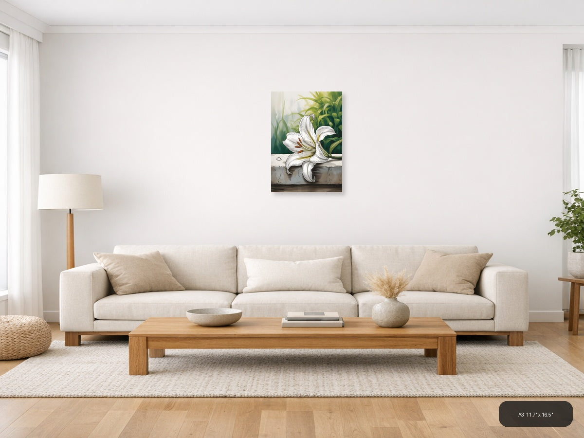 White Lily Line Art Botanical Drawing Wall Art — A3 / Living Room