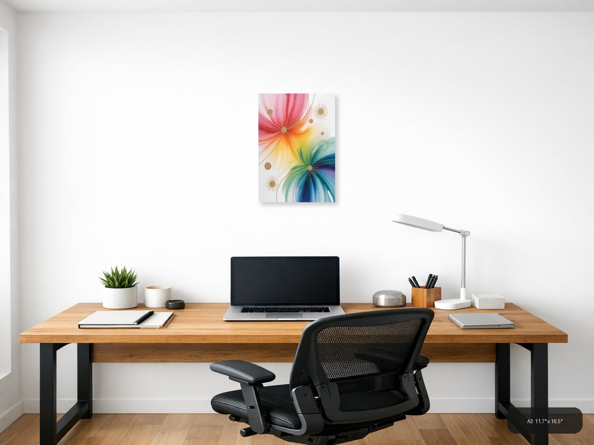 Rainbow Watercolor Sunburst with Gold Accents Wall Art — A3 / Office