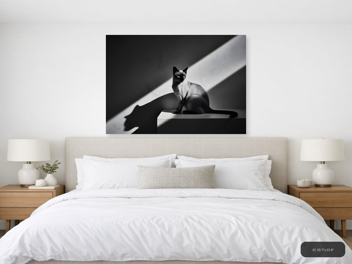 Siamese Cat in Sunlight - Black White Photography Wall Art — A1 / Bedroom