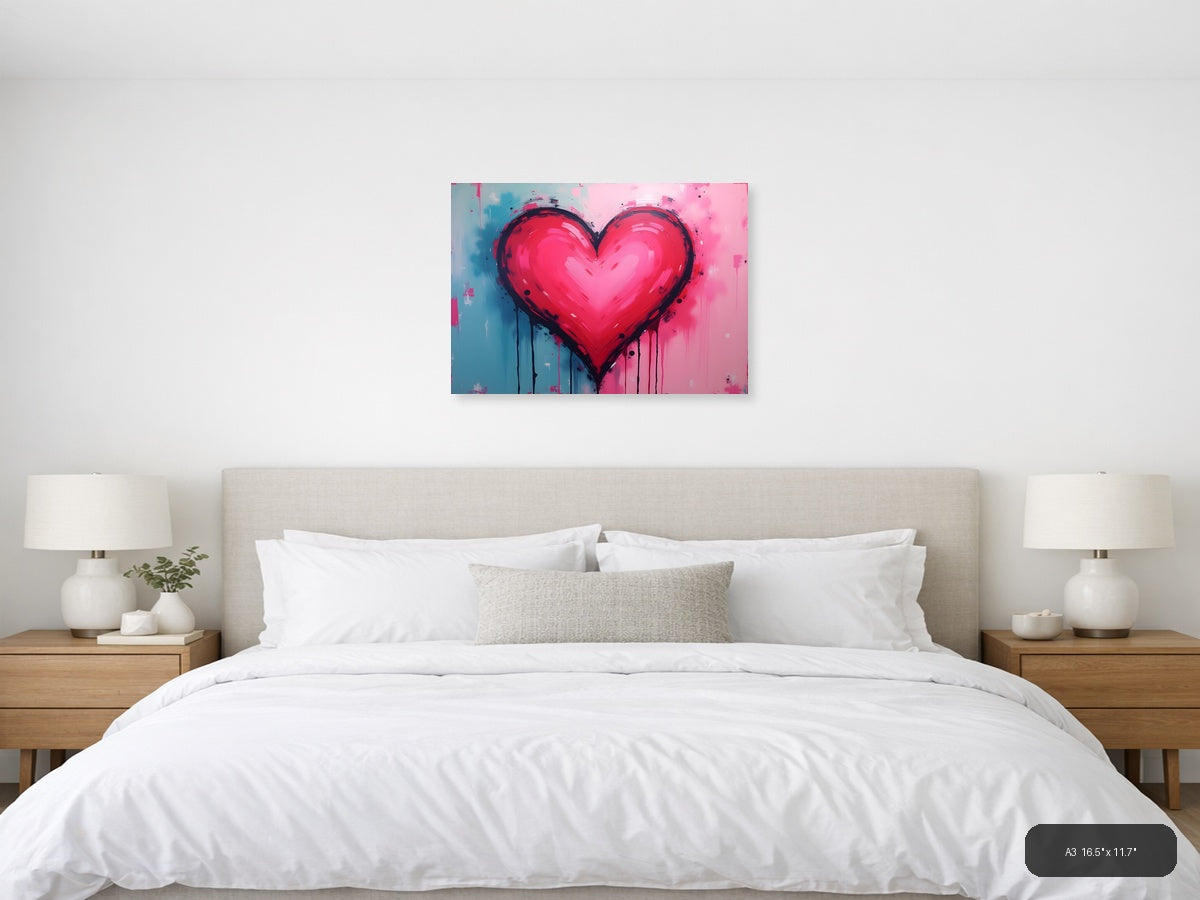 Bold Pink Heart Abstract Drip Modern Wall Art — A3 / Bedroom