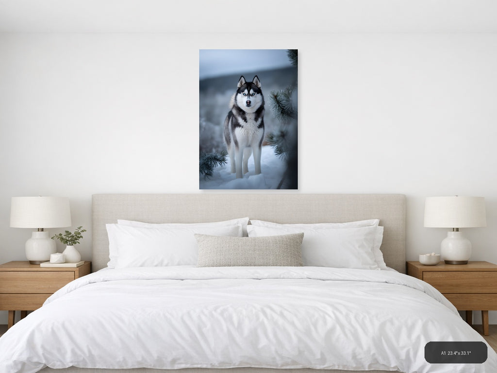 Husky with Blue Eyes in Snowy Winter Forest Photography Wall Art — A1 / Bedroom