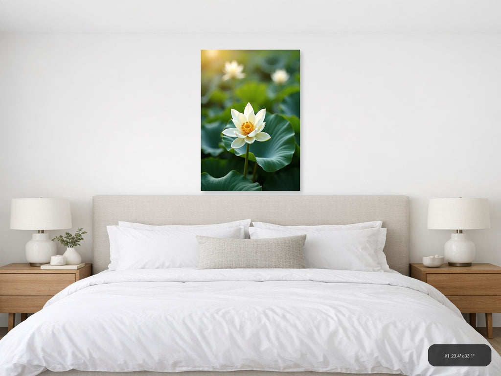 White Lotus Flower Botanical Portrait Wall Art — A1 / Bedroom