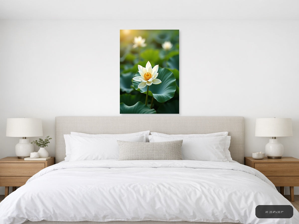 White Lotus Flower Botanical Portrait Wall Art — A1 / Bedroom
