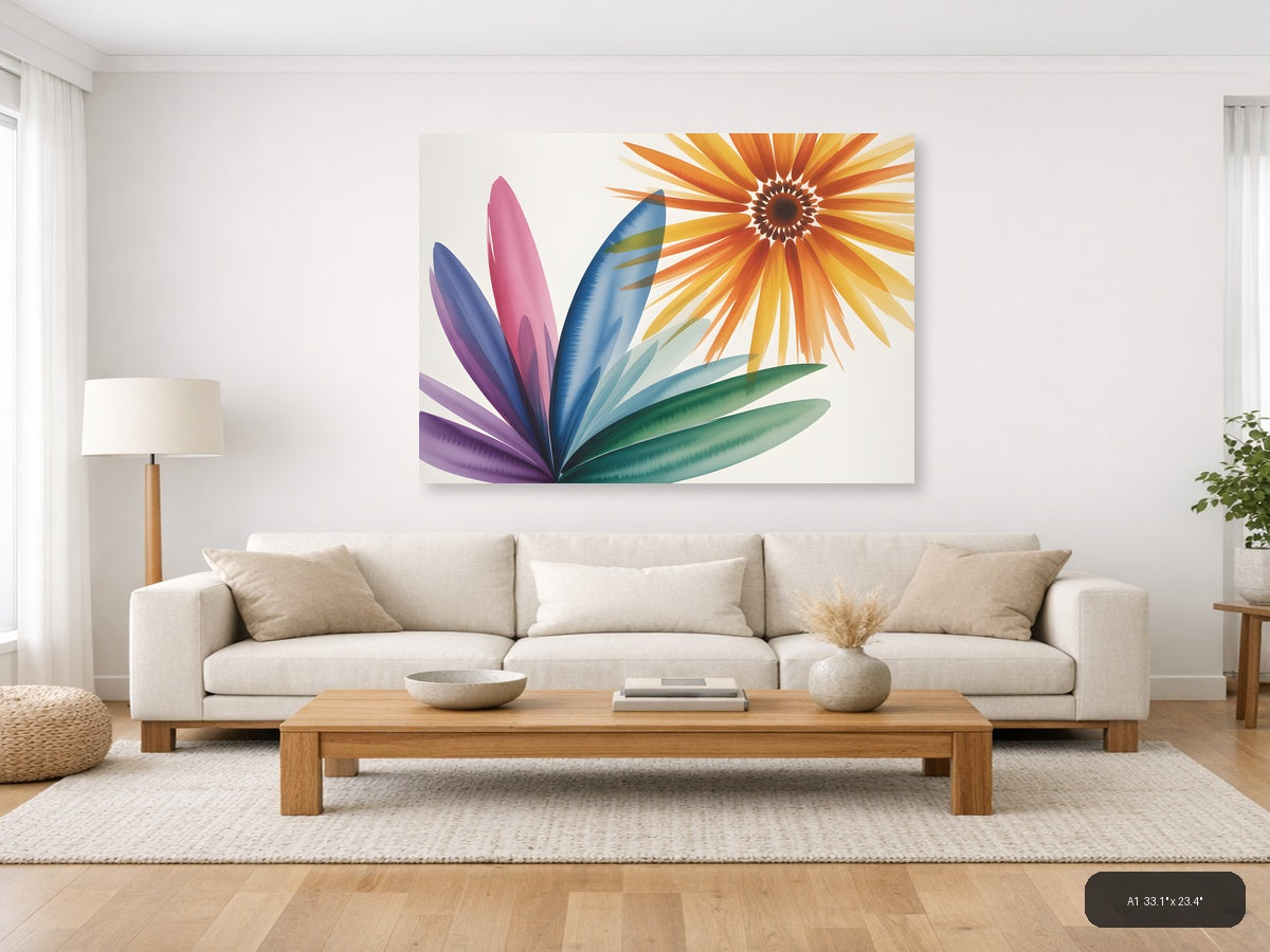 Colorful Watercolor Sunflower & Petals Landscape Wall Art — A1 / Living Room