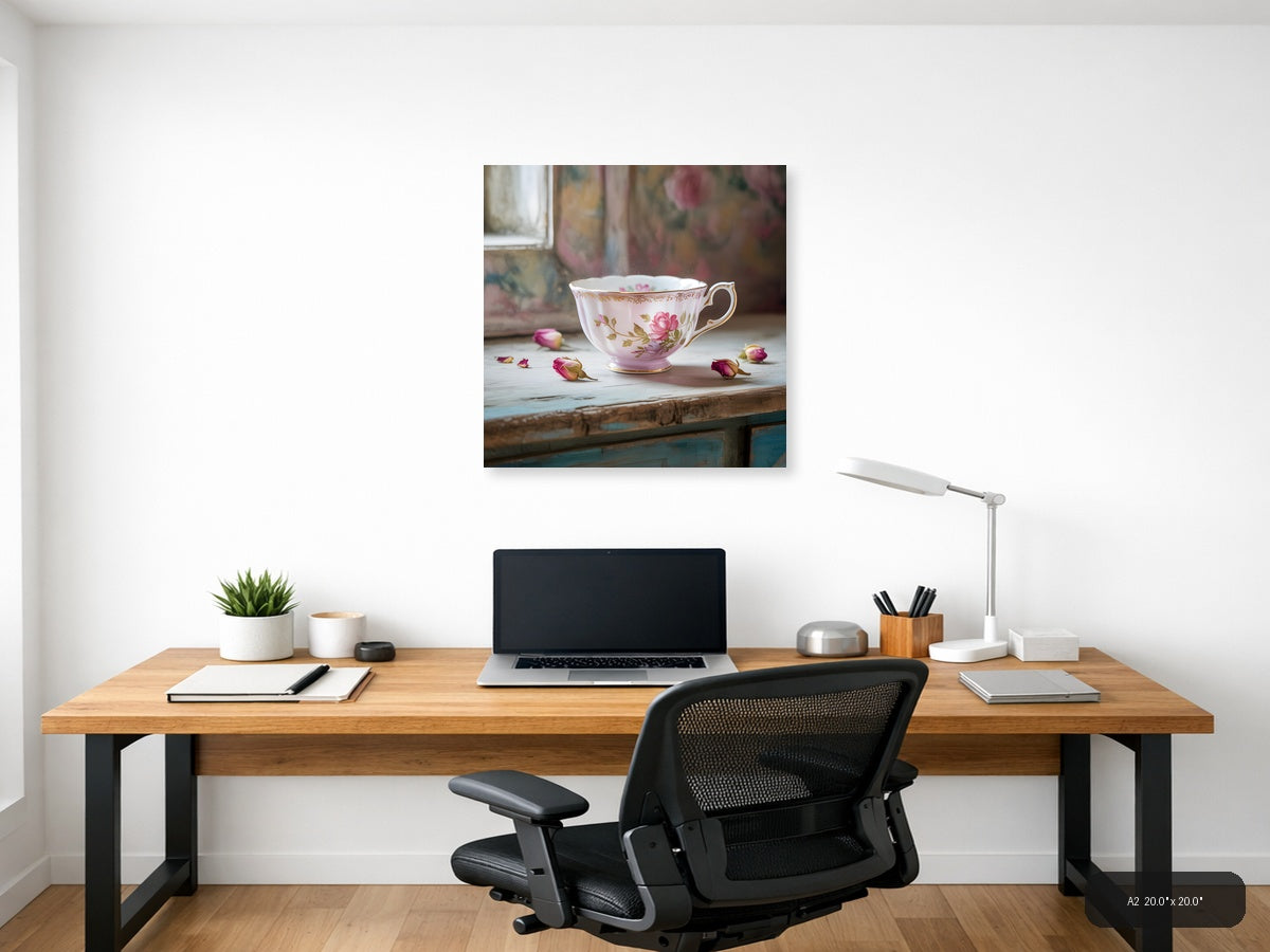 Vintage Floral Teacup Watercolor Wall Art — A2 / Office