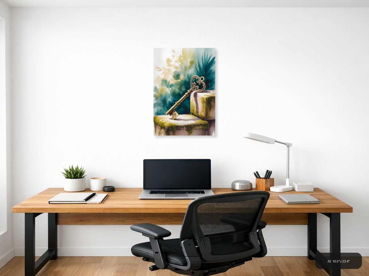 Ornate Golden Key Watercolor Wall Art — A2 / Office
