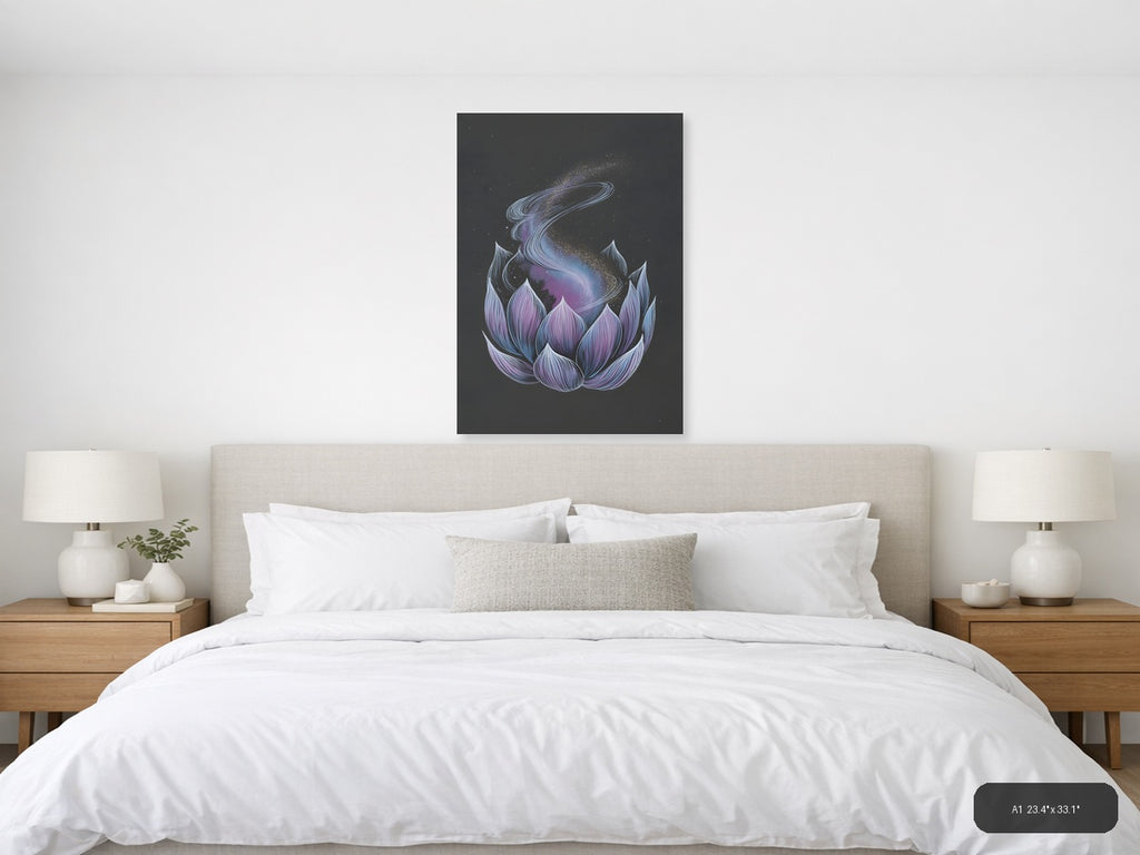 Cosmic Lotus Flower Line Art Galaxy Wall Art — A1 / Bedroom