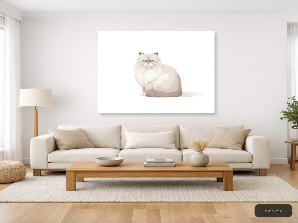 Minimalist White Fluffy Cat Portrait Wall Art — A1 / Living Room