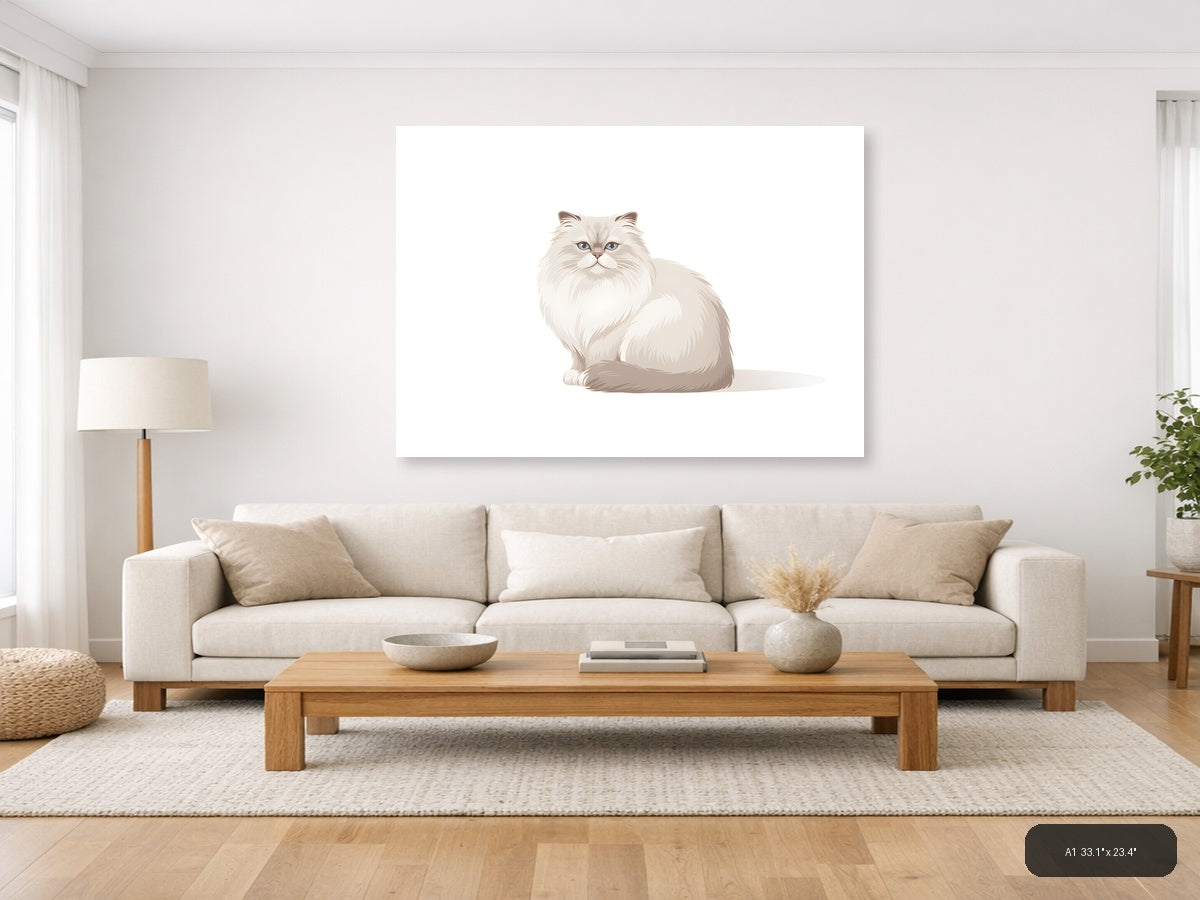 Minimalist White Fluffy Cat Portrait Wall Art — A1 / Living Room