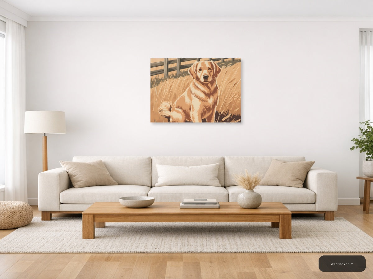 Vintage Brown and White Dog Portrait Landscape Wall Art — A3 / Living Room