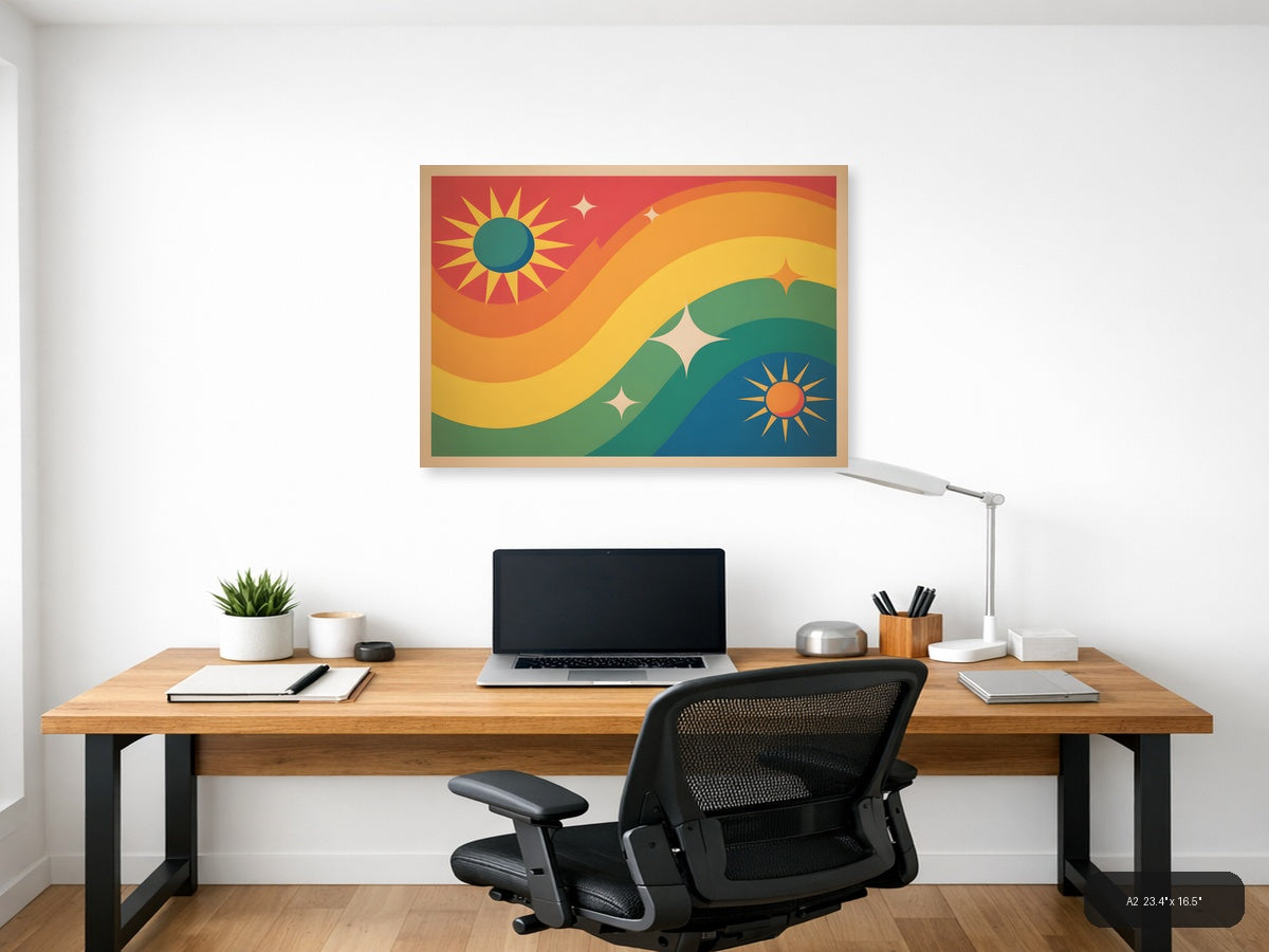 Vintage Sunset Landscape with Suns & Stars Wall Art — A2 / Office
