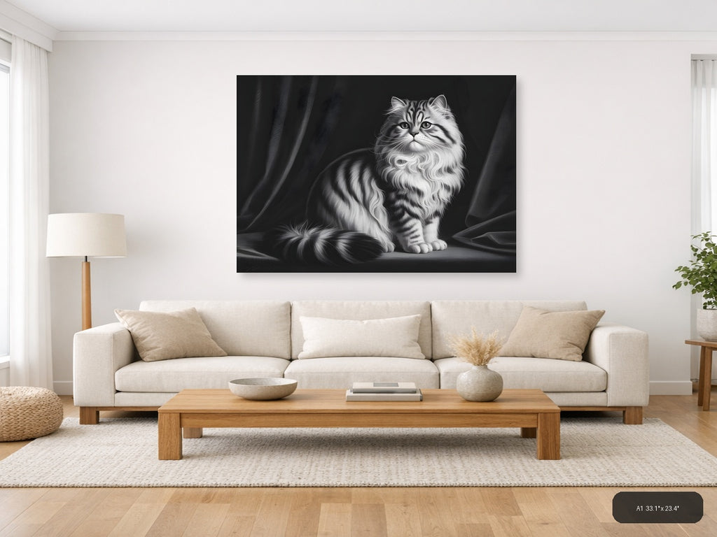 Fluffy Tabby Cat Black and White Photography Wall Art — A1 / Living Room