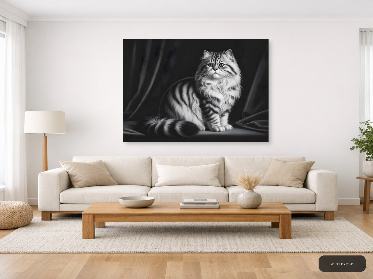 Fluffy Tabby Cat Black and White Photography Wall Art — A1 / Living Room