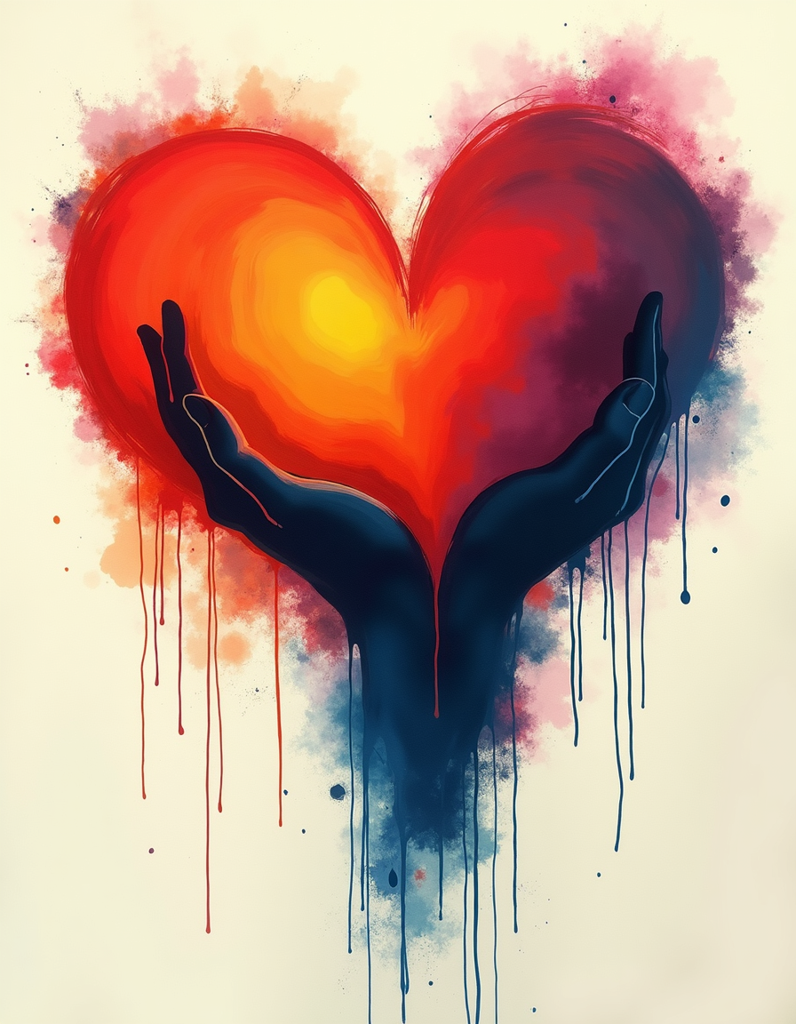 Hands Holding Glowing Heart Abstract Watercolor Wall Art
