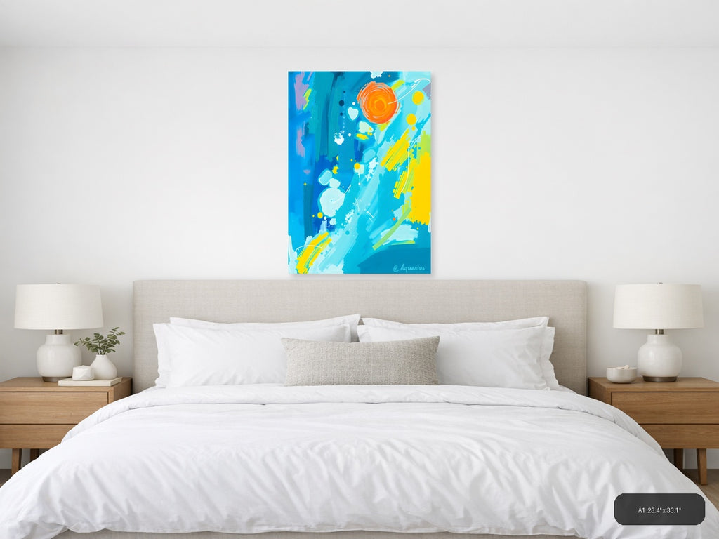 Abstract Solar System with Orange Sun Wall Art — A1 / Bedroom