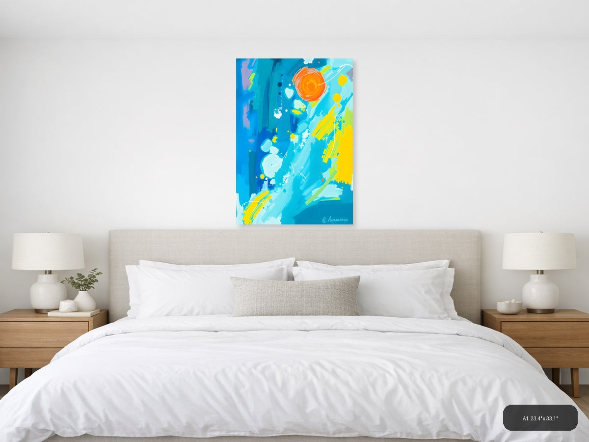 Abstract Solar System with Orange Sun Wall Art — A1 / Bedroom