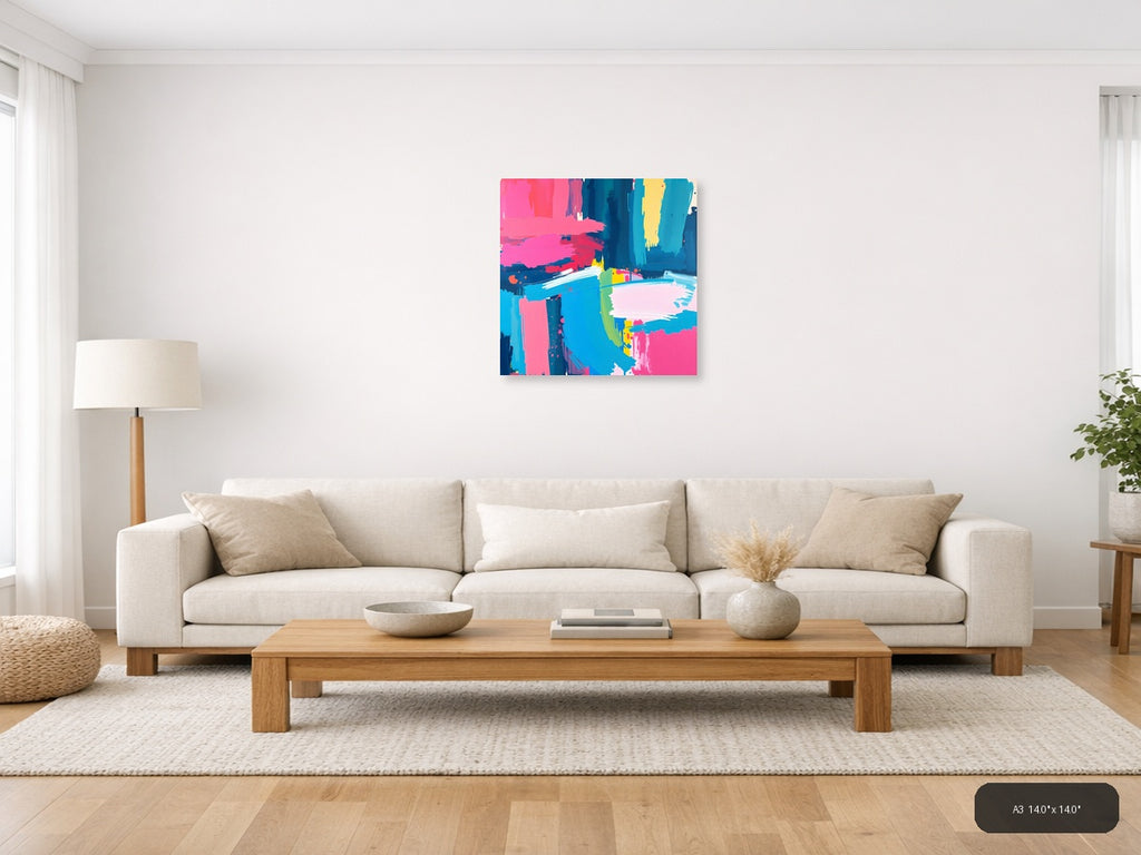 Vibrant Abstract Brushstrokes Cyan Pink Yellow Wall Art — A3 / Living Room