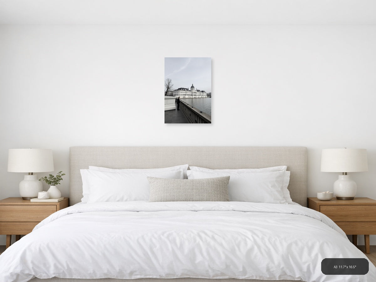 Man at Railing Overlooking Grand Palace | Minimalist Wall Art — A3 (Bedroom)