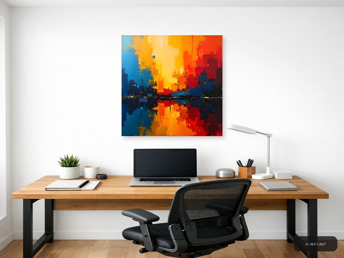 Abstract Cityscape Sunset Reflection Orange Blue Wall Art — A1 / Office