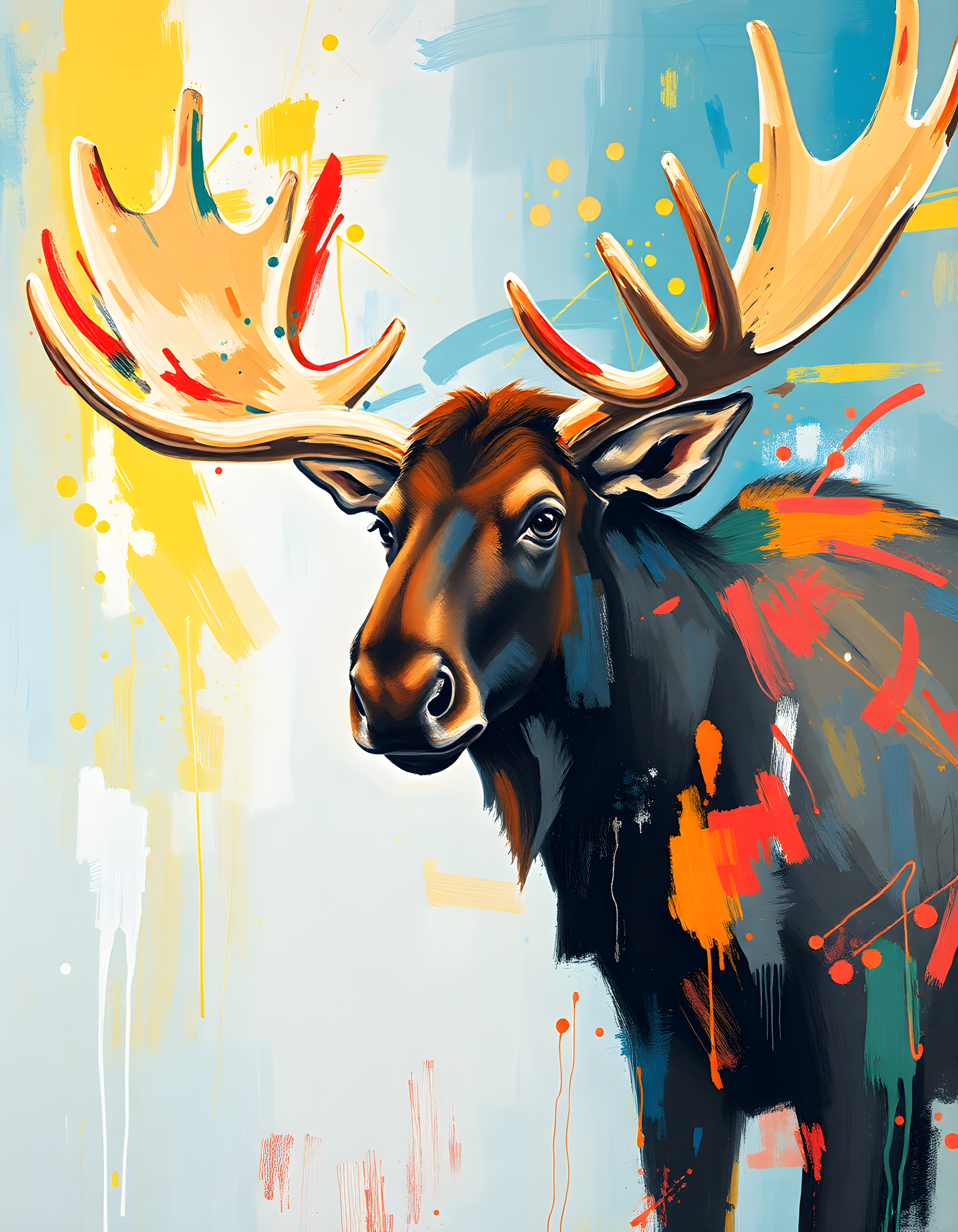 Abstract Moose Head Colorful Splash Portrait Wall Art