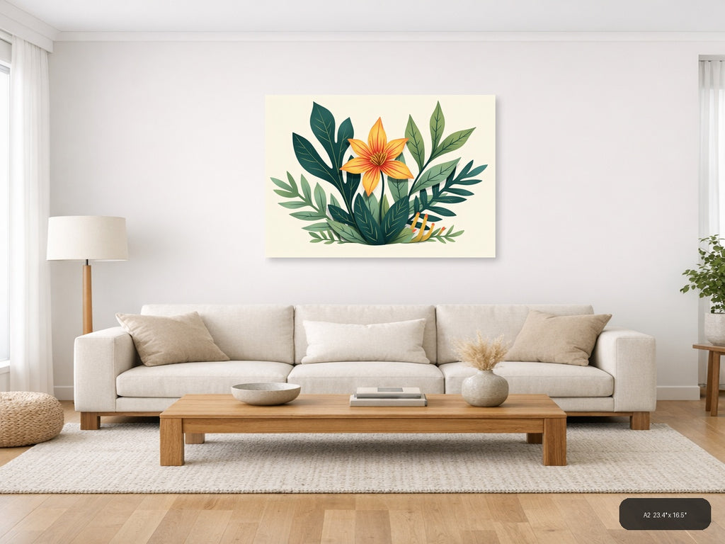 Botanical Orange Flower with Green Leaves Wall Art — A2 / Living Room