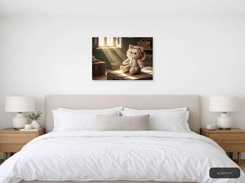 Vintage Stitched Doll in Sunlit Room Wall Art — A3 / Bedroom