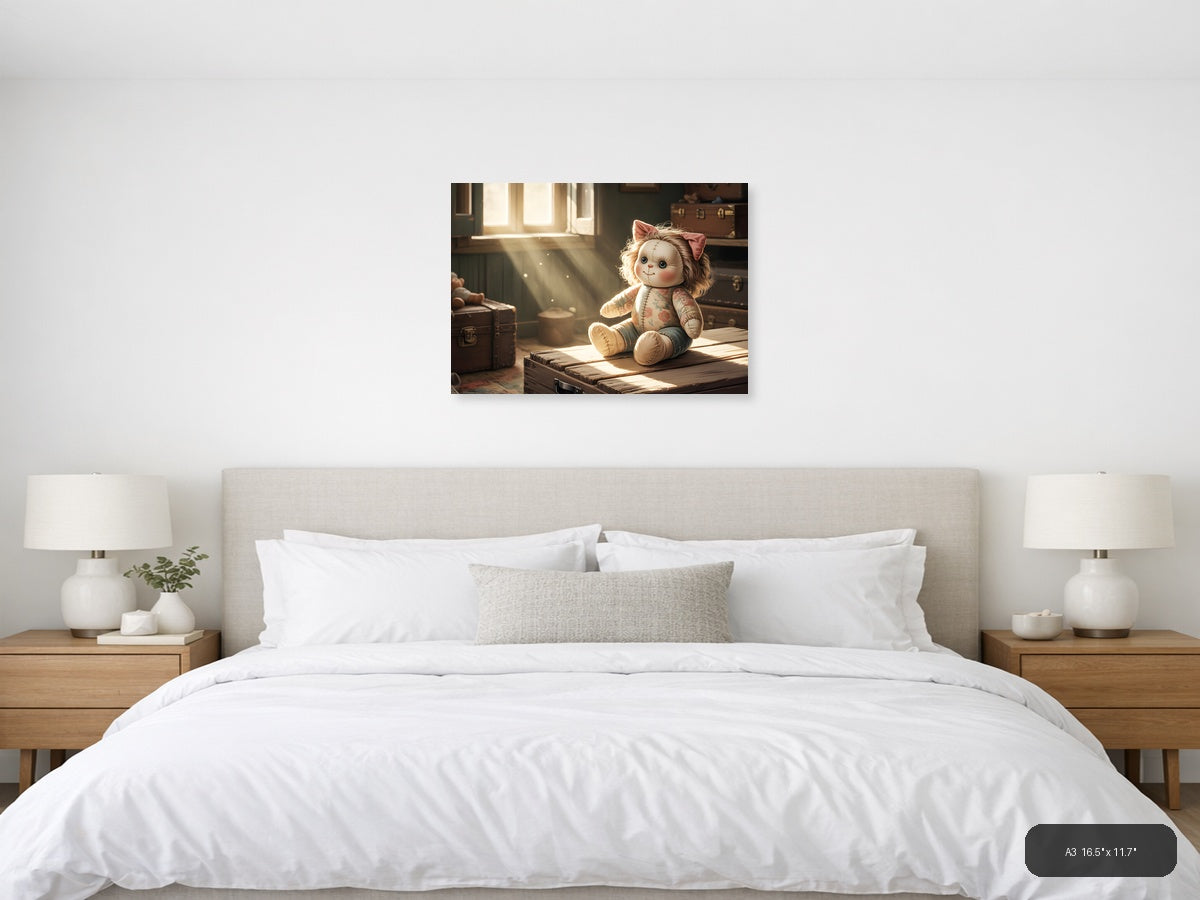 Vintage Stitched Doll in Sunlit Room Wall Art — A3 / Bedroom