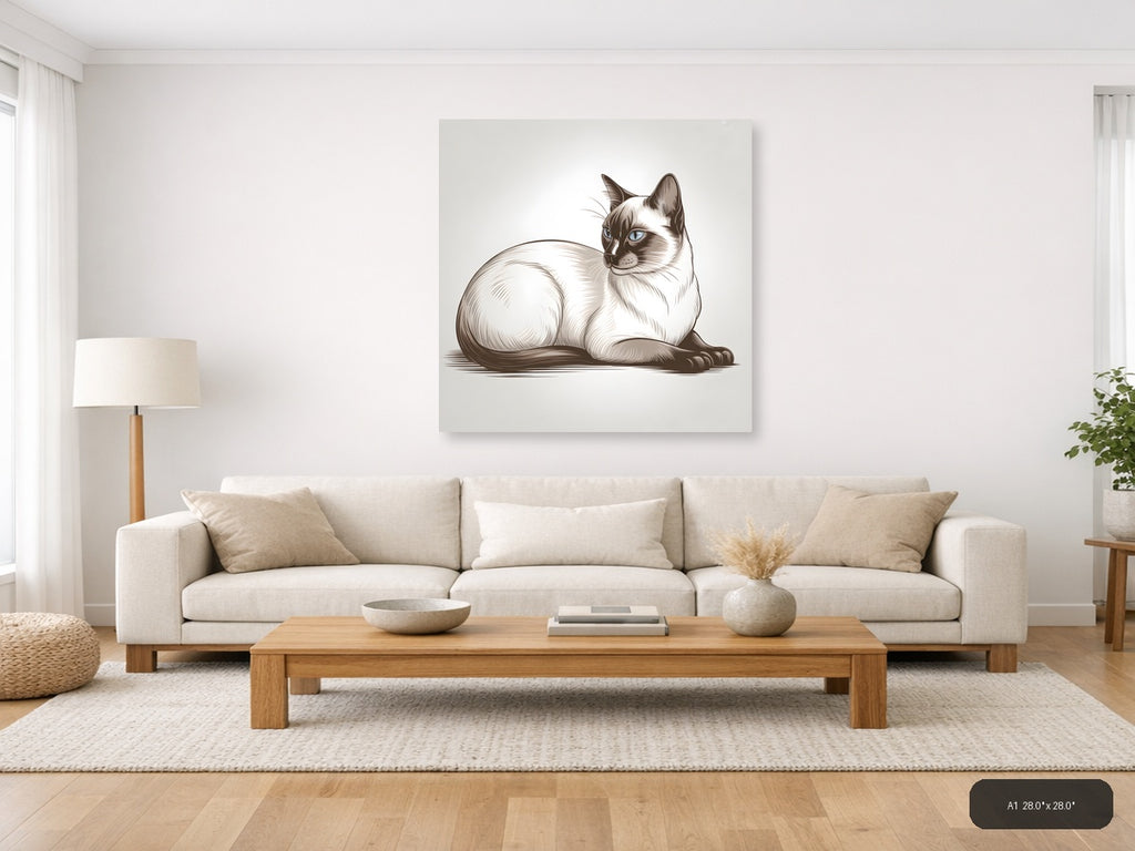 Siamese Cat Blue Eyes Line Art Wall Art — A1 / Living Room